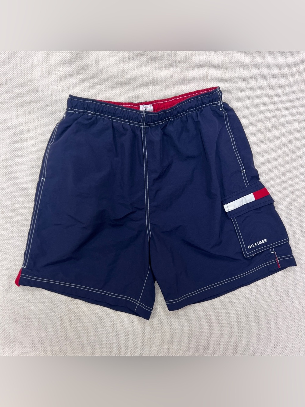 Vintage Tommy Hilfiger Swim Trunks Mens L Navy Big Flag Logo Mesh Lined